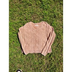 Cleo + Wolf Sweater‎ Women's L Cable Knit V-Neck Peach Red Crop Fit Cottage